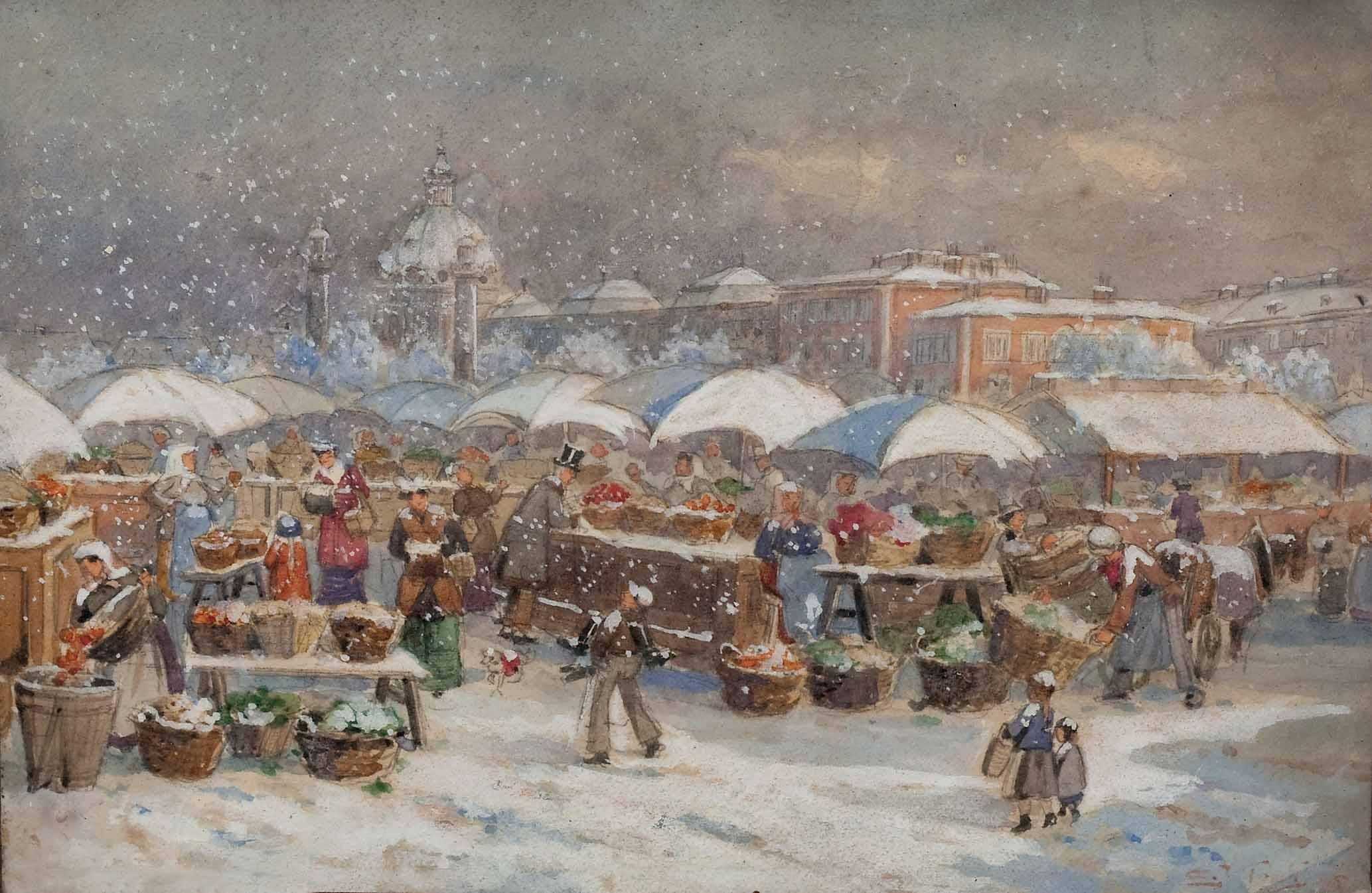 E Kirall. Mercado en Karlsplatz, Viena, en invierno - 1925